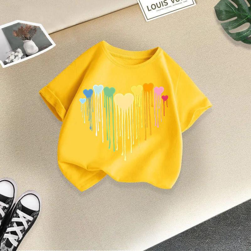 New Girls' Short Sleeved Children's T-shirt Fireworks Printed Versatile Middle and Small Children's Top Summer Fashion