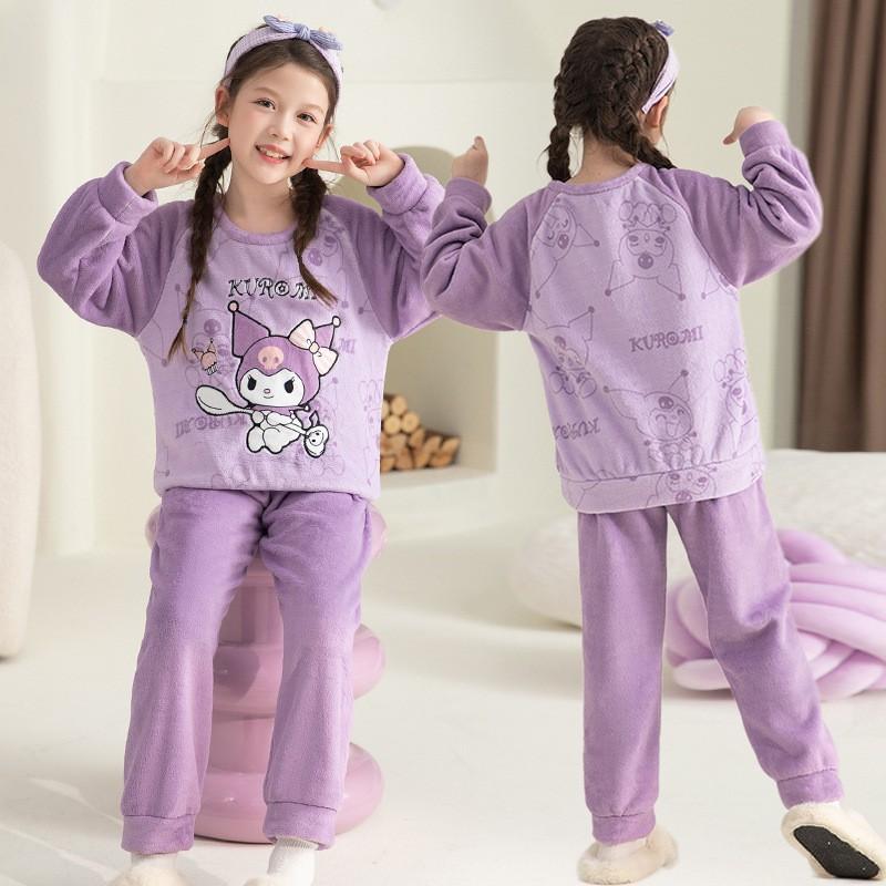 Girls Flannel Pajama Set Cartoon Print Long Sleeve Sleepwear Kids 8 Years Winter Home Outfit
