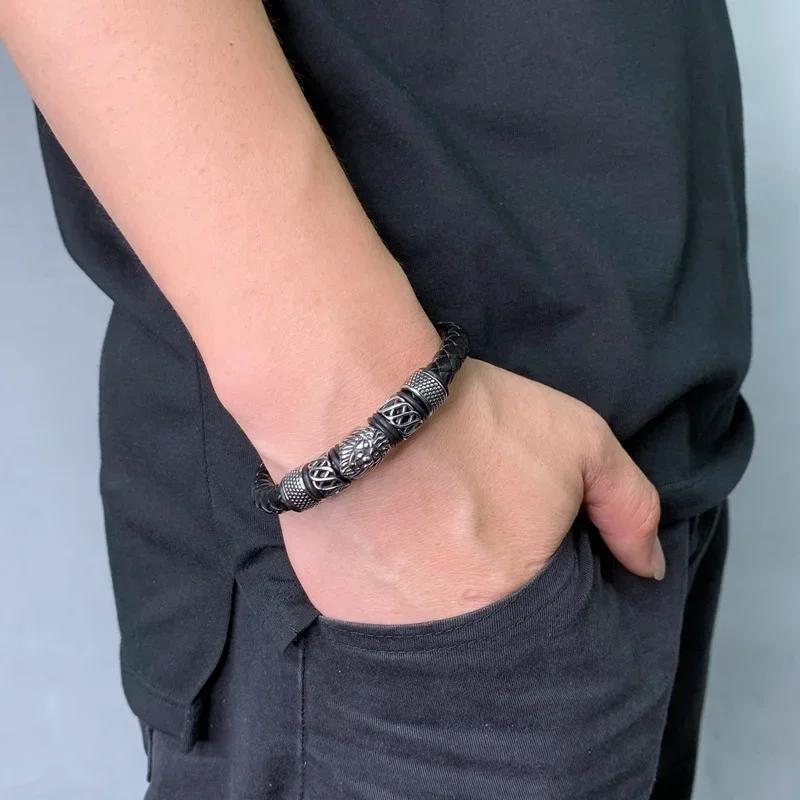 Fashion Classic Lion Head Buckle Leather Bracelet for Men Casual Punk Jewelry Gift