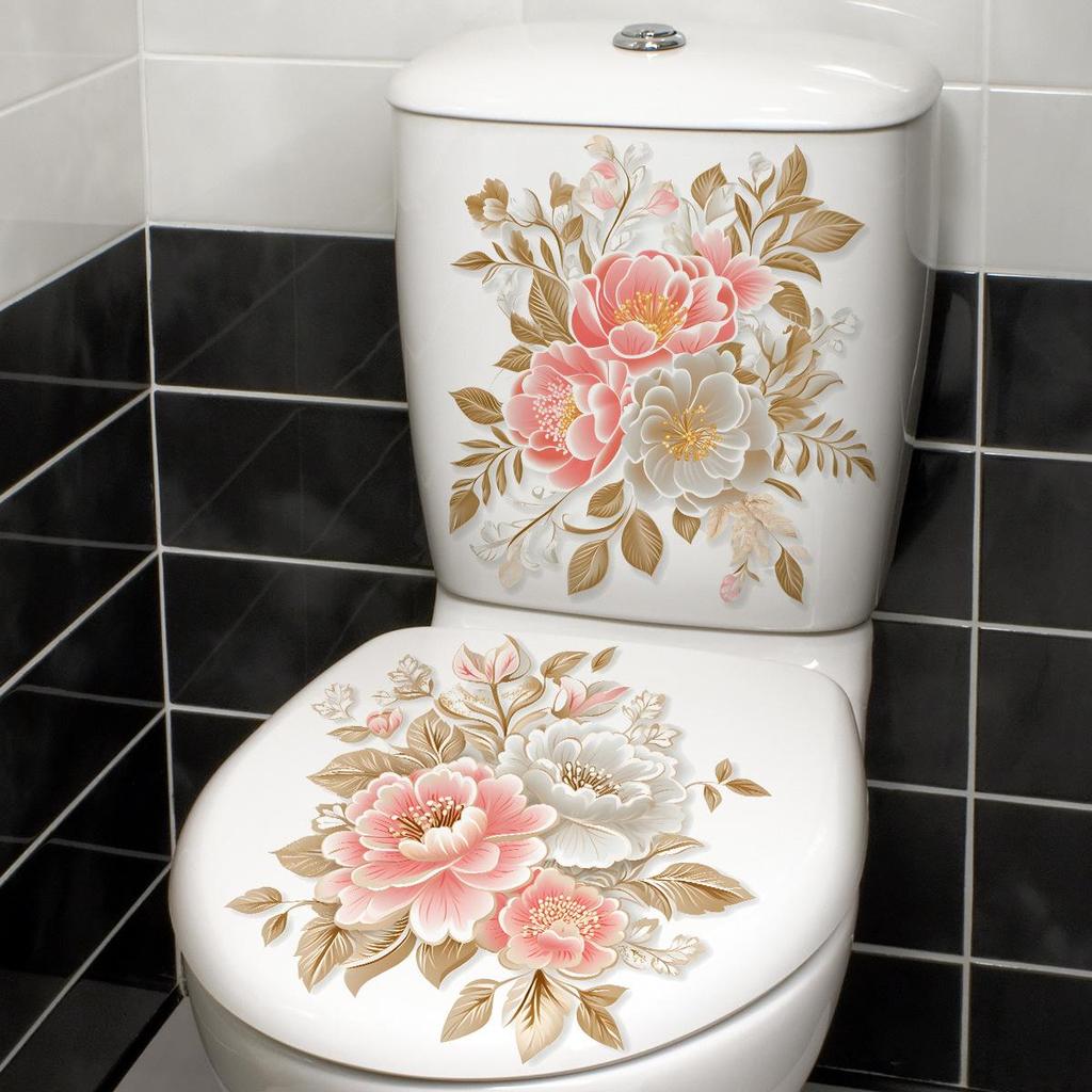 2 Blatt Schöner Goldener Blume Toilettenaufkleber Badezimmer Toilettendeckel Dekorativer Aufkleber Wasserdicht Selbstklebend