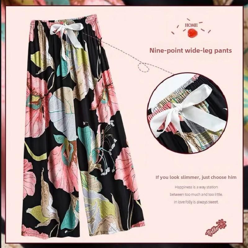 Women's Summer Loose-Fit Wide-Leg Pajama Pants - Imitation Cotton Silk, Nine-Point Length, Wear Indoors or Out