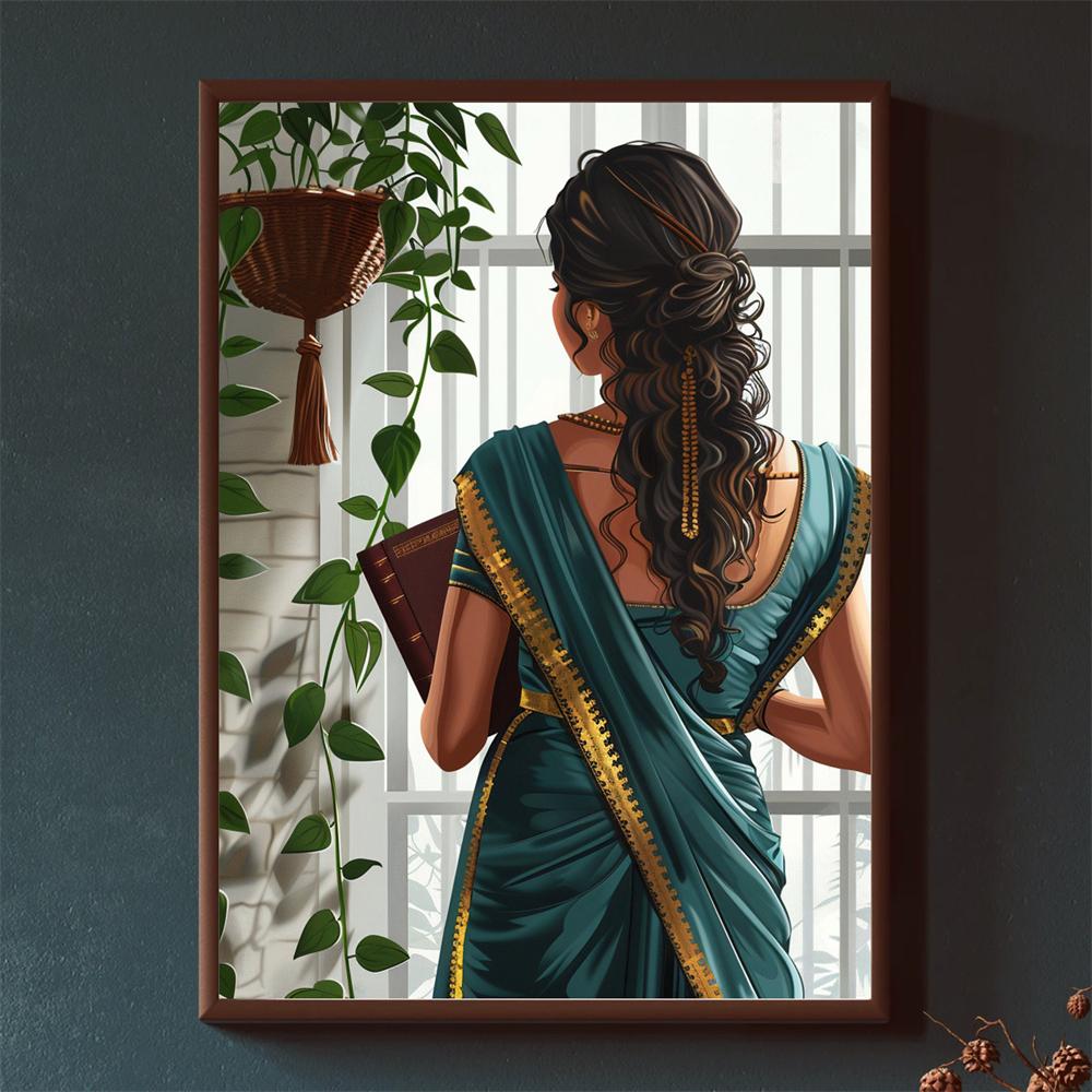 Modern Indian Wall Art Poster Reading Book South Asian Woman Art Prints Brown Girl Art South Indian Art Canvas Painting