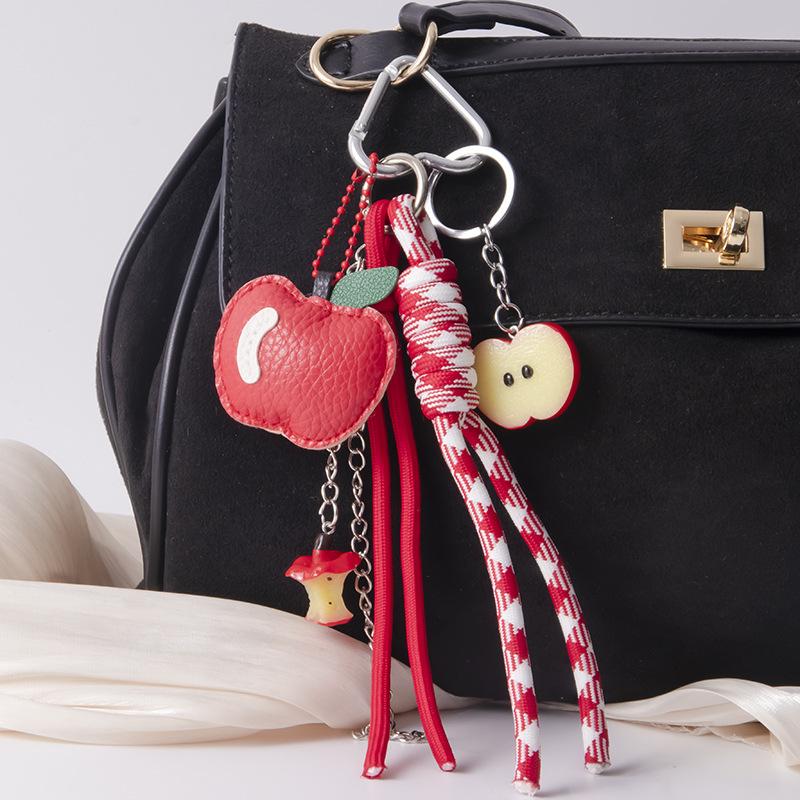 1 Piece Leather Apple Backpack Pendant Diy Decoration Creative Weaving Rope Fruit Keychain Bag Accessories