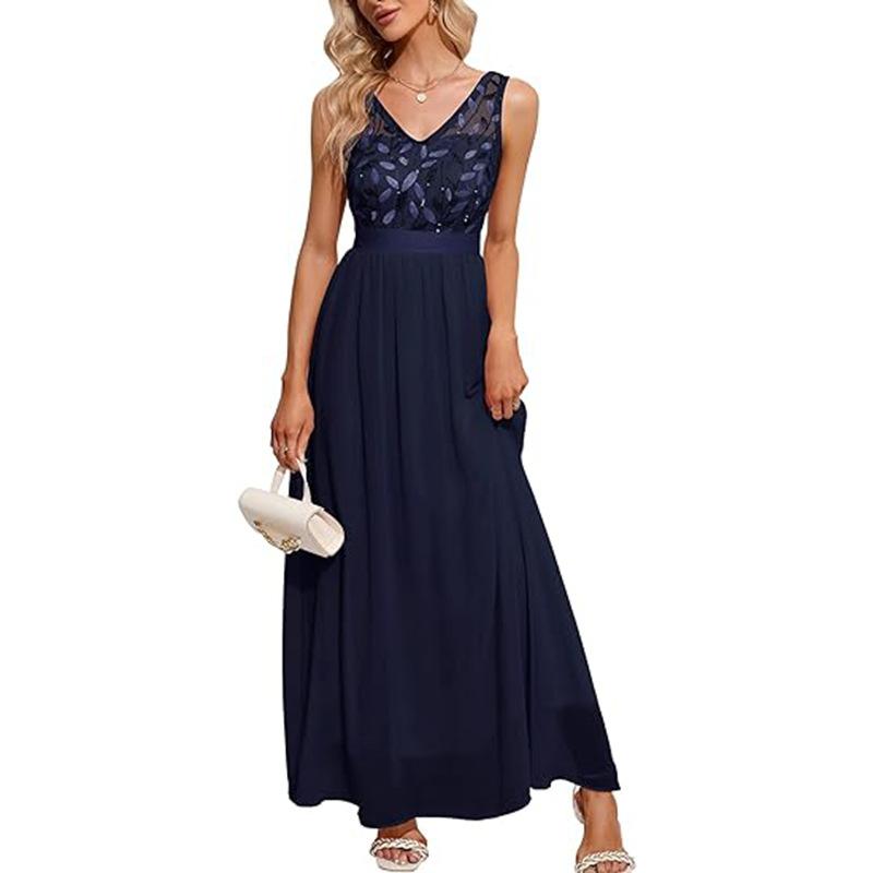 European and American plus size evening dress, deep V sequined A-shaped long mesh yarn annual bridesmaid dance evening dress
