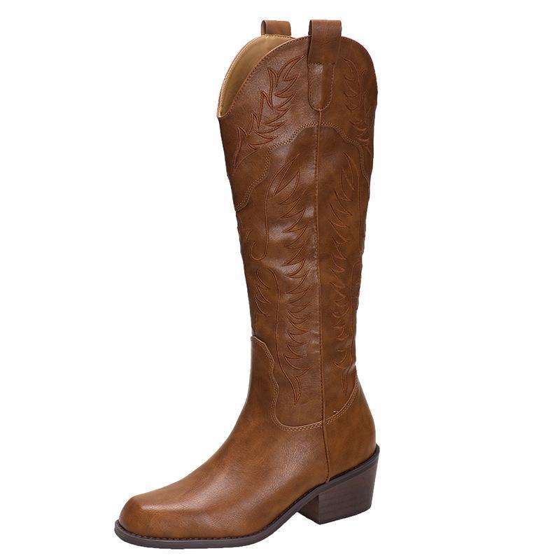 Autumn and winter new side zipper boots retro square head V-mouth embroidered thick heel western fashion high boots