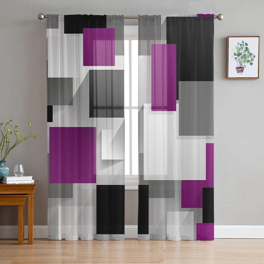 Orange Black Patchwork Abstract Art Sheer Curtains Window Tulle Curtains For Living Room Bedroom For Kitchen Curtains Decoration