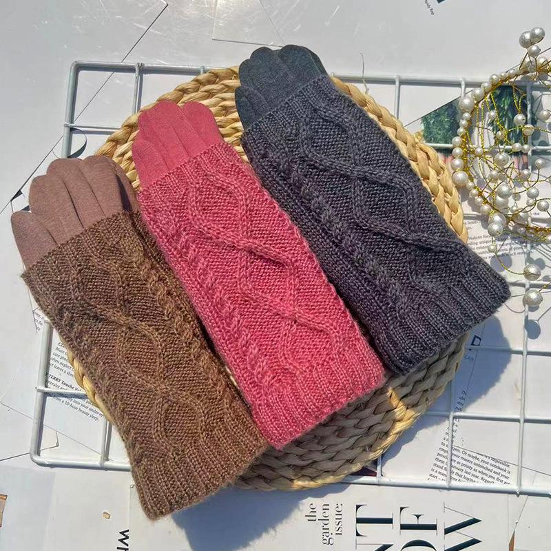 Dámské pletené vlněné rukavice s dotykovou obrazovkou, jezdecké teplé a chladuvzdorné dvojité vlákno