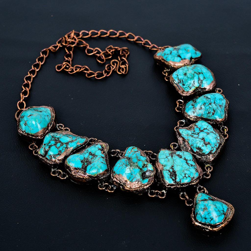 Turquoise Tumble Copper Electroformed Necklace with Adjustable Chain, Handmade Gemstone Jewelry Necklace For Memorial Day