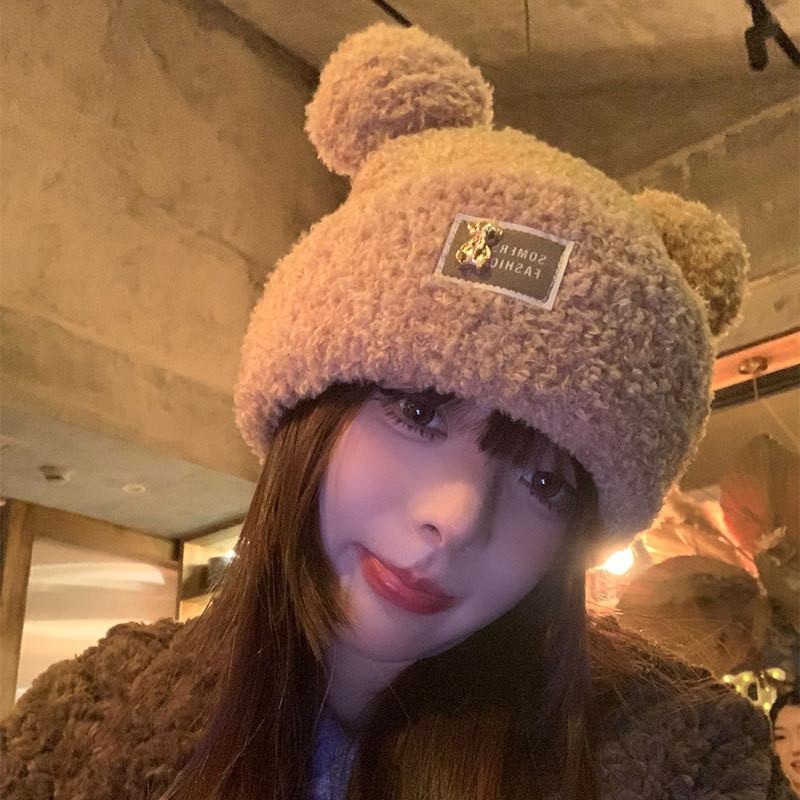 Fashionable Bear Womens Plush Hat Soft Knitted And Warm Winter Headwear