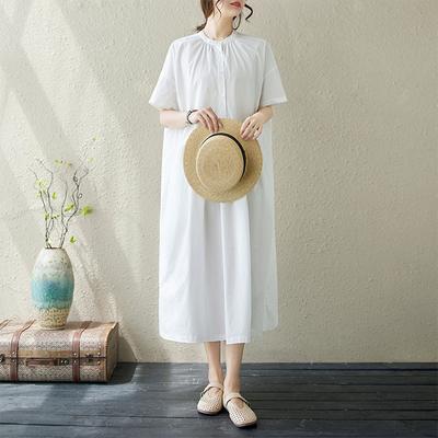 2025 Summer New Versatile Round Neck Short-sleeved Dress Women's Casual Solid Color Cotton and Linen Thin Medium and Long Dress