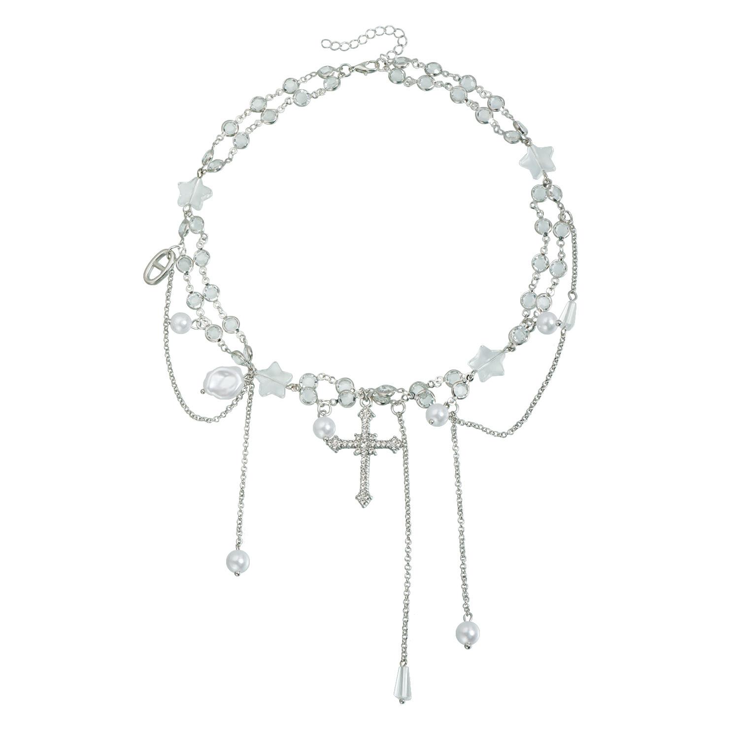 

European and American jewelry light luxury girl cross pendant necklace ins five-star special-shaped pearl crystal accessories