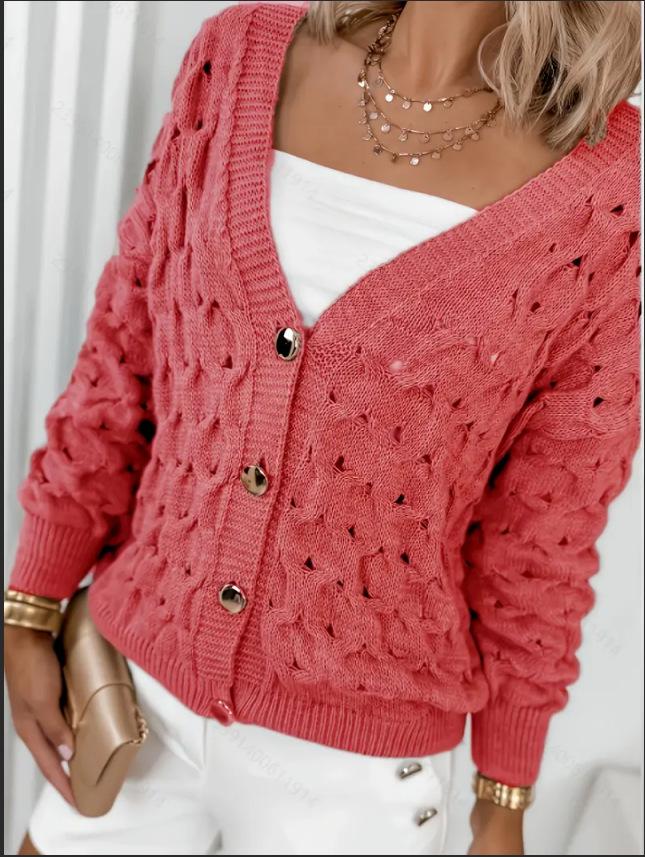 2025 Retro V-Neck Hollowed-Out Literary Sweater: European & American Style, Women's Knitted Loose Long-Sleeve Cardigan