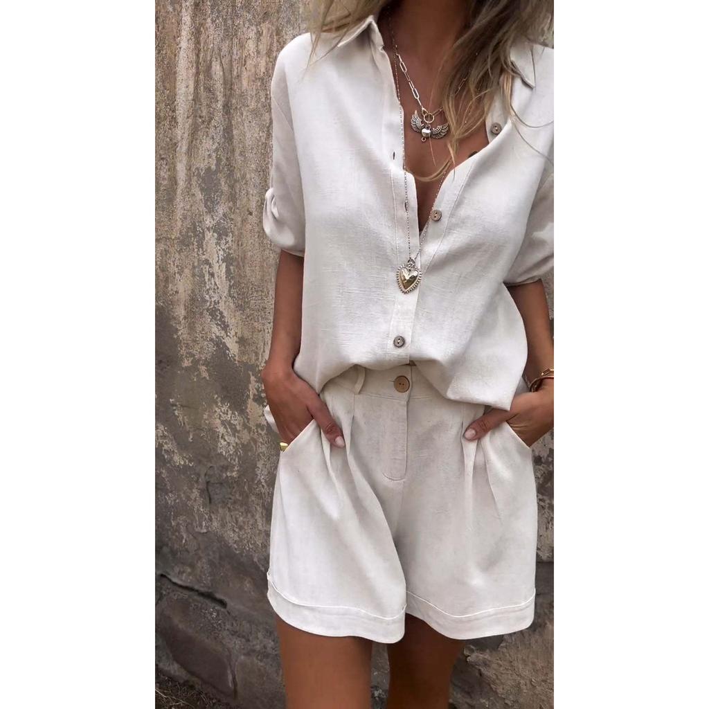 Summer Women's Fashion Elegant Shorts Short Sleeve Two-Piece Set Casual Commuter Loose Button Shirt Tops And Shorts Set