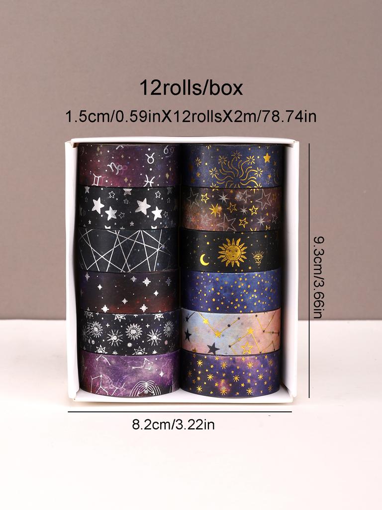 6rolls/Box Hot Stamping Silver Starry Sky Washi Tape Adhesive Masking Tape Journaling Supplies School Stationery Washi Tape