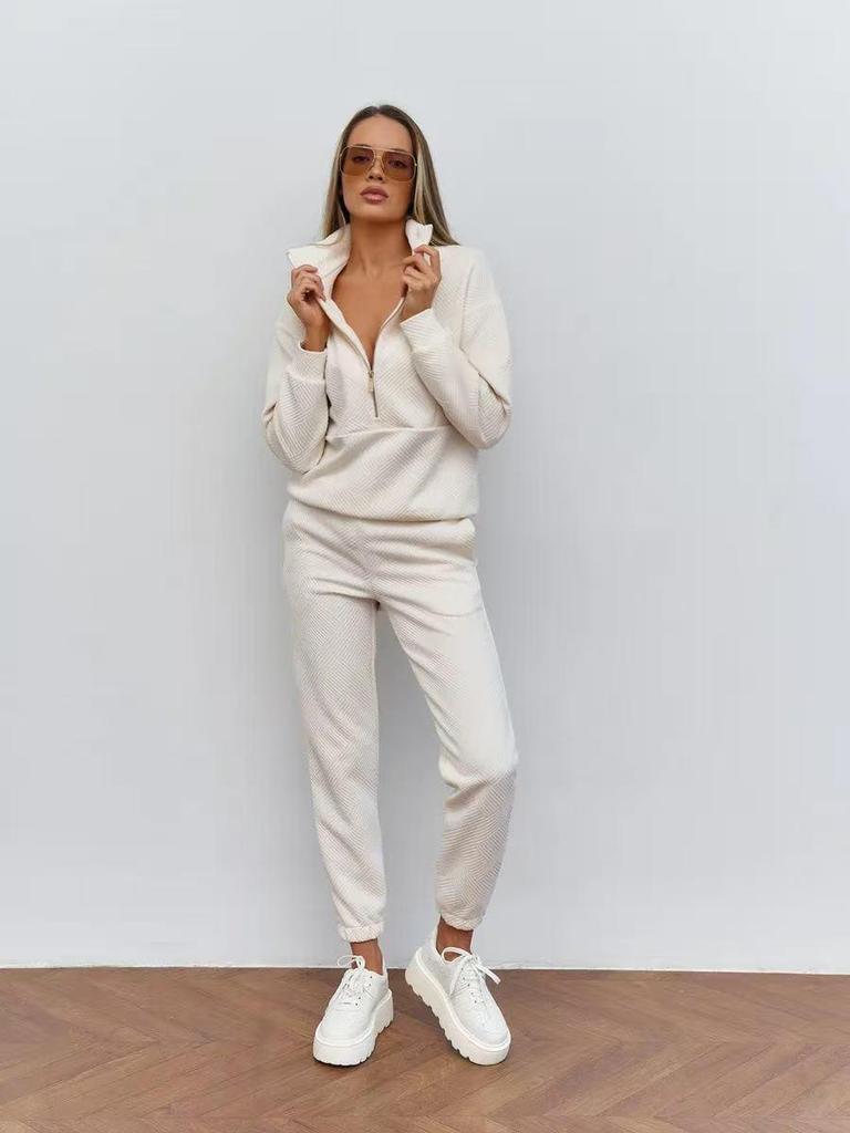 European & American Casual Women's Long-Sleeved Half-Zip Top with Tie-Up Pants Set