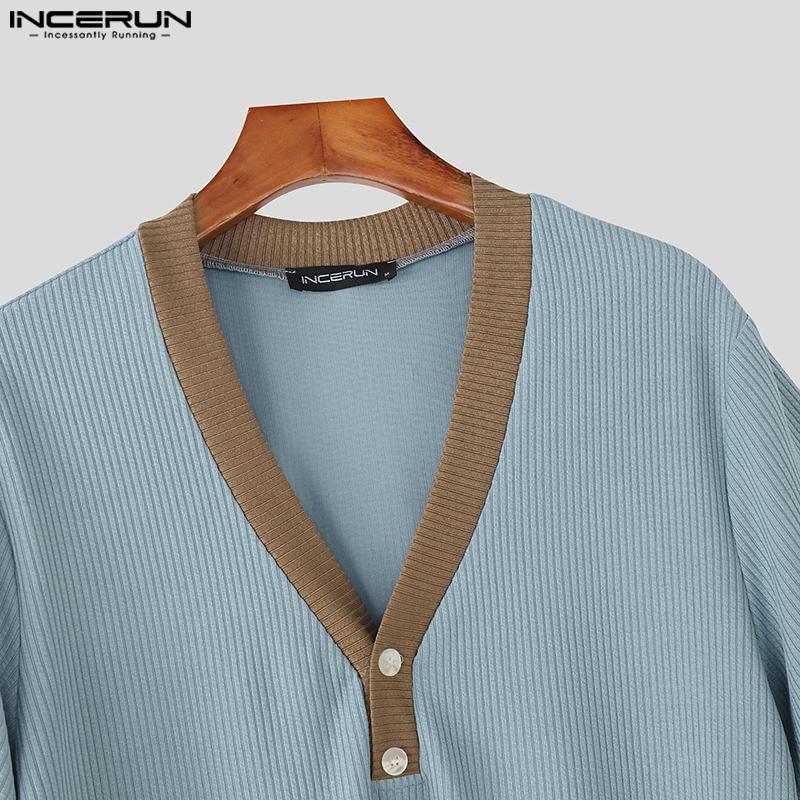 INCERUN Men V Neck Short Sleeve Stitching Casual Loose T-shirts Rib Tops