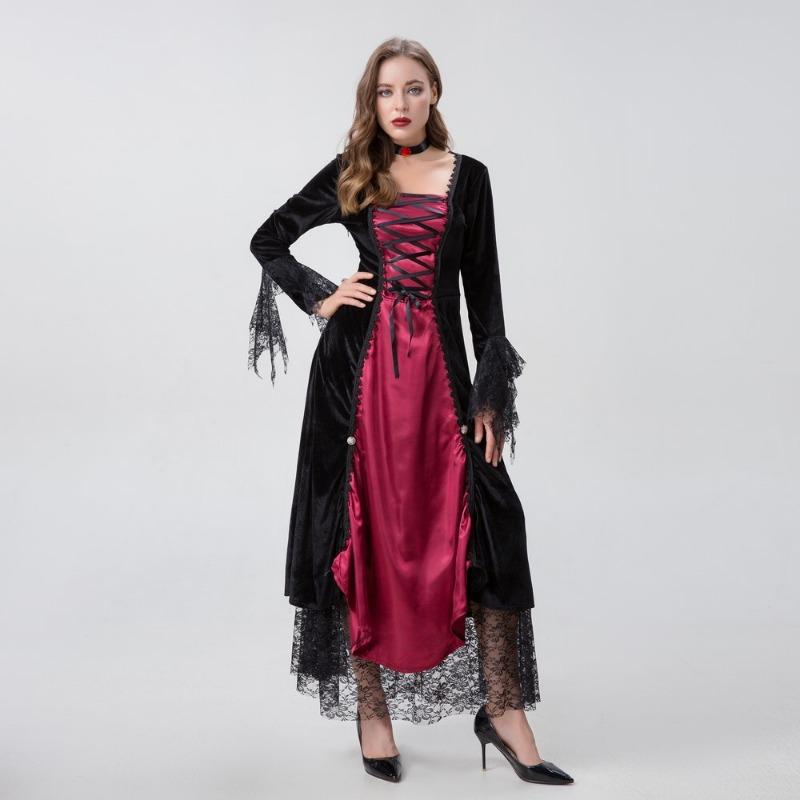 Halloween Vampire Costume Medieval Court Party Queen Vintage Lace Dress