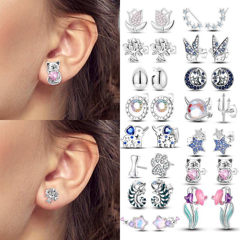 Silver 925 Heart CZ Cubic Zircon Round Daisy Flower Trio Stud Earrings for Women Silver S925 Original Fashion Jewelry