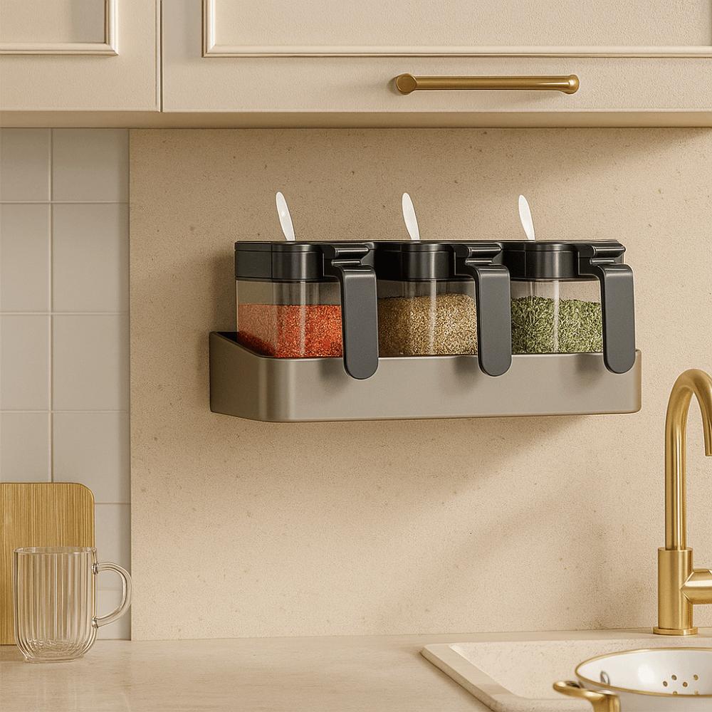 No-Drill Installation Spice Jar Removable Condiment Organizer Wall-Mounted Spice Rack Kitchen Use