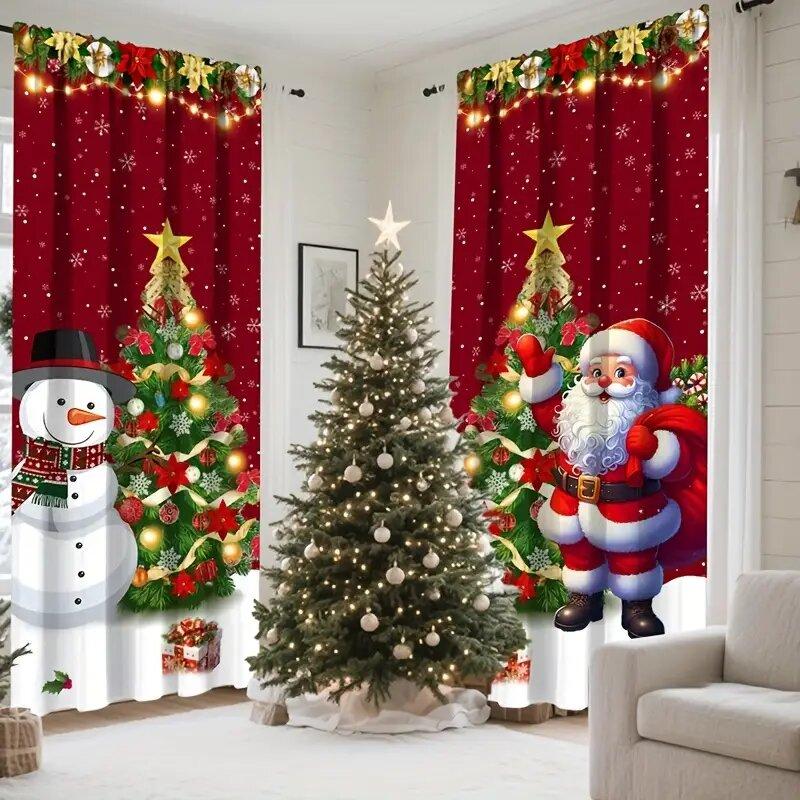 Set Of 2 Christmas Santa Claus Print Curtains Pole Bag Home Decoration Room Curtain Polyester