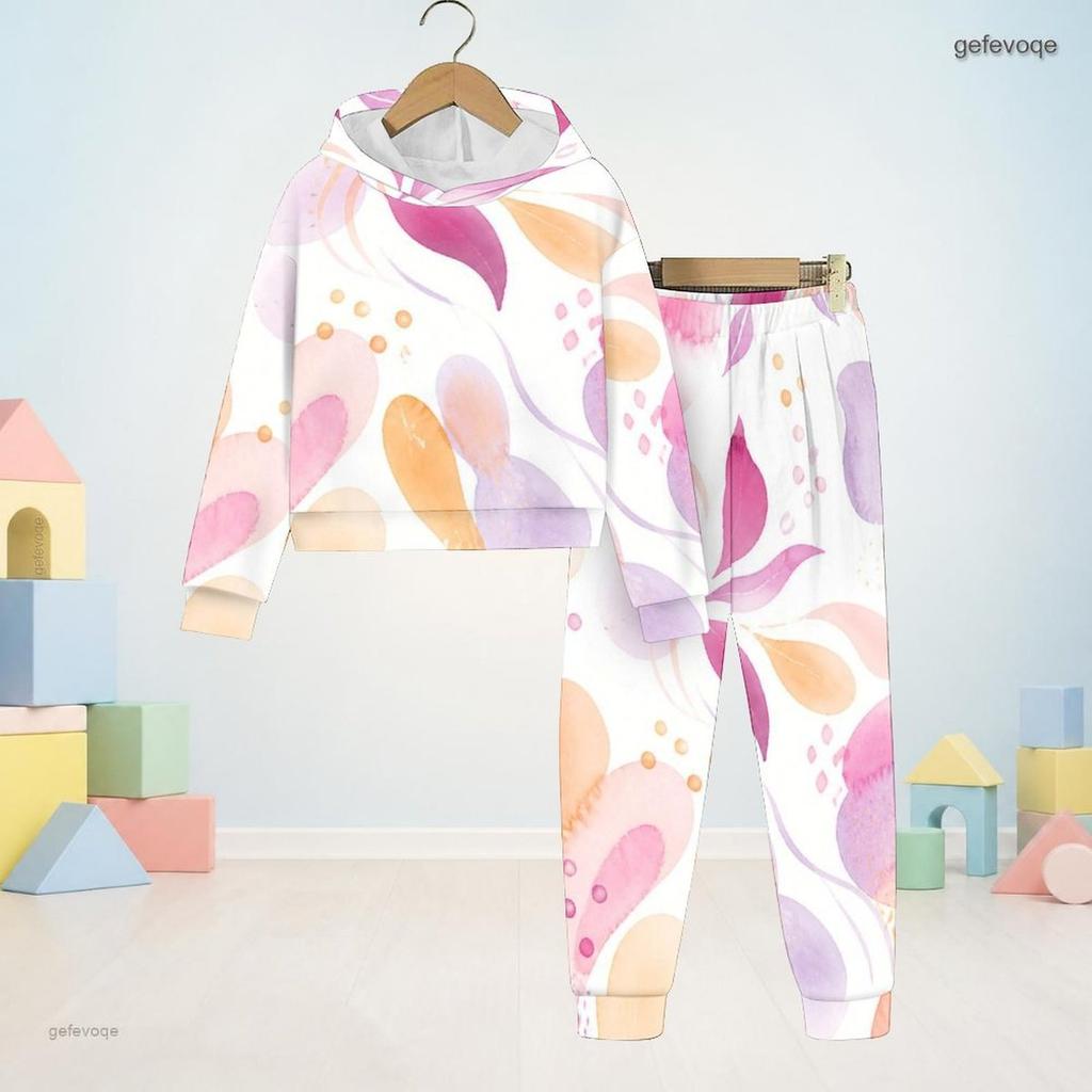 Unisex Kids Printed Hooded Long Sleeve Sweatshirt And Cuffed Pants Two Piece Set