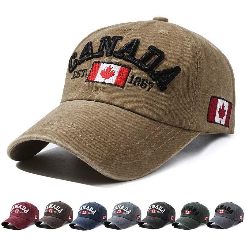 Cappellino da Baseball Lavato con Ricamo Foglia d'Acero Bandiera del Canada, Classico Vintage Morbido Cotone Regolabile Sportivo