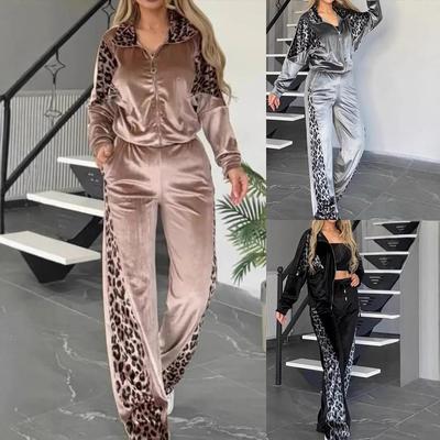 Women's Spring and Autumn Four Seasons Top with Long Sleeves Zipper Leopard Print + Trousers Two-piece Set