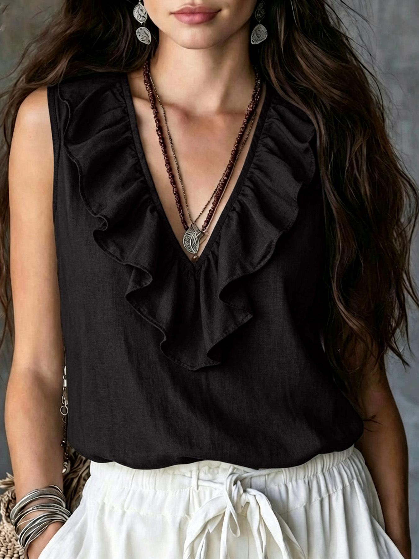 Amazon cross-border bohemian sleeveless shirt, linen ruffle V-neck versatile top S чёрный