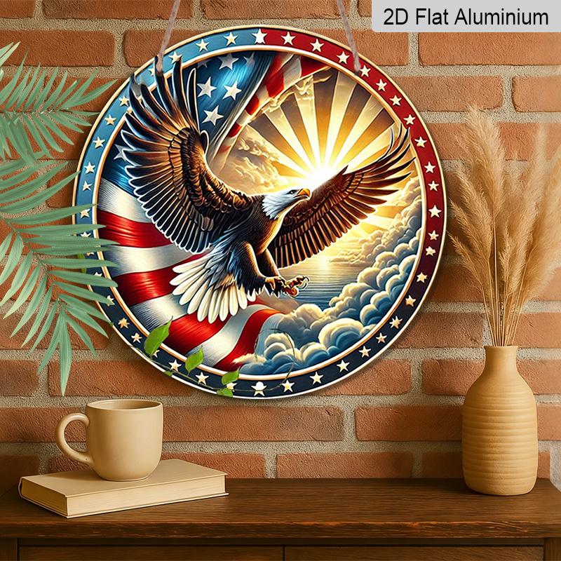 2D Flat 1pc American Flag Aluminum Metal Tin Sign, Freedom Spirit Round Aluminum Sign, Eagle Soaring 7.87X7.87 Round Aluminum Sign - Patriotic Pride