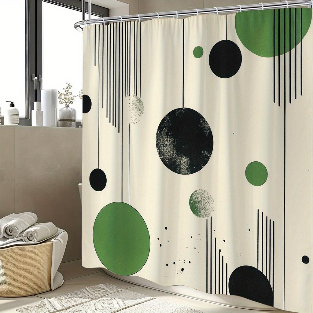 1 Modern Geometric Shower Curtain with Hooks - Polyester Fabric, Black, Green and White Abstract Circle Design, Machine Washable