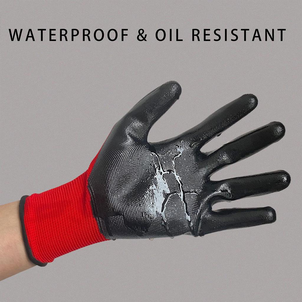12 Pairs Work Gloves Anti Slip Oil Resistant Nitrile Coated Glove 23.5cm Red Black Set for Labor Protection Safety