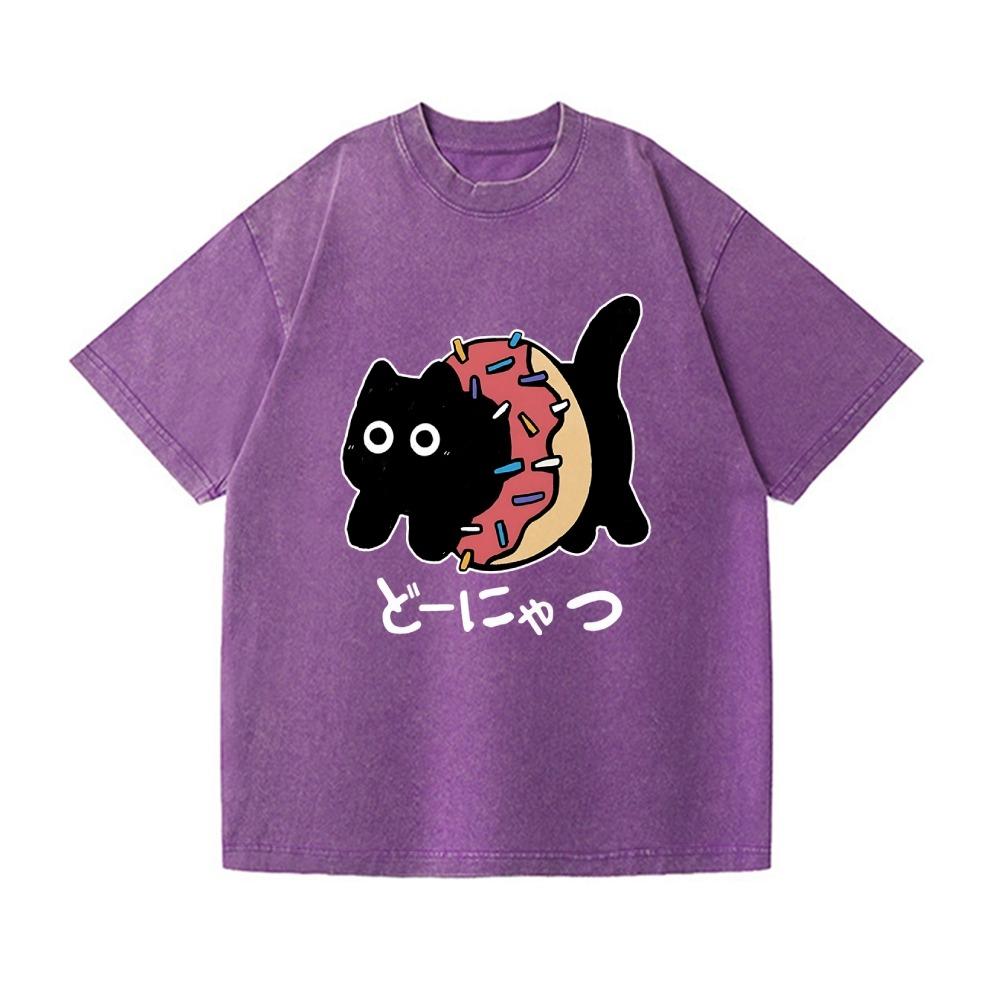 Men's Short Sleeve Washed Acid T-shirts Casual Loose Funny Donut Cat Japanese Design Vintage Tees Oversized O-Neck Tops