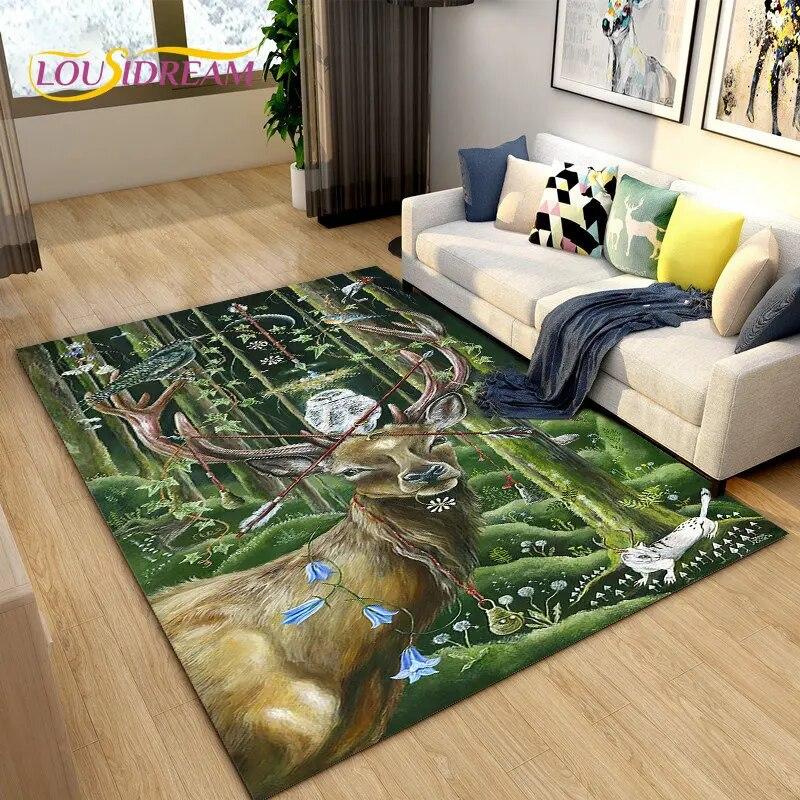 3D Cartoon Nordic Elk Reindeer Area Rug,Carpet Rug for Living Room Bedroom Sofa Doormat Decoration,Child Play Non-slip Floor Mat