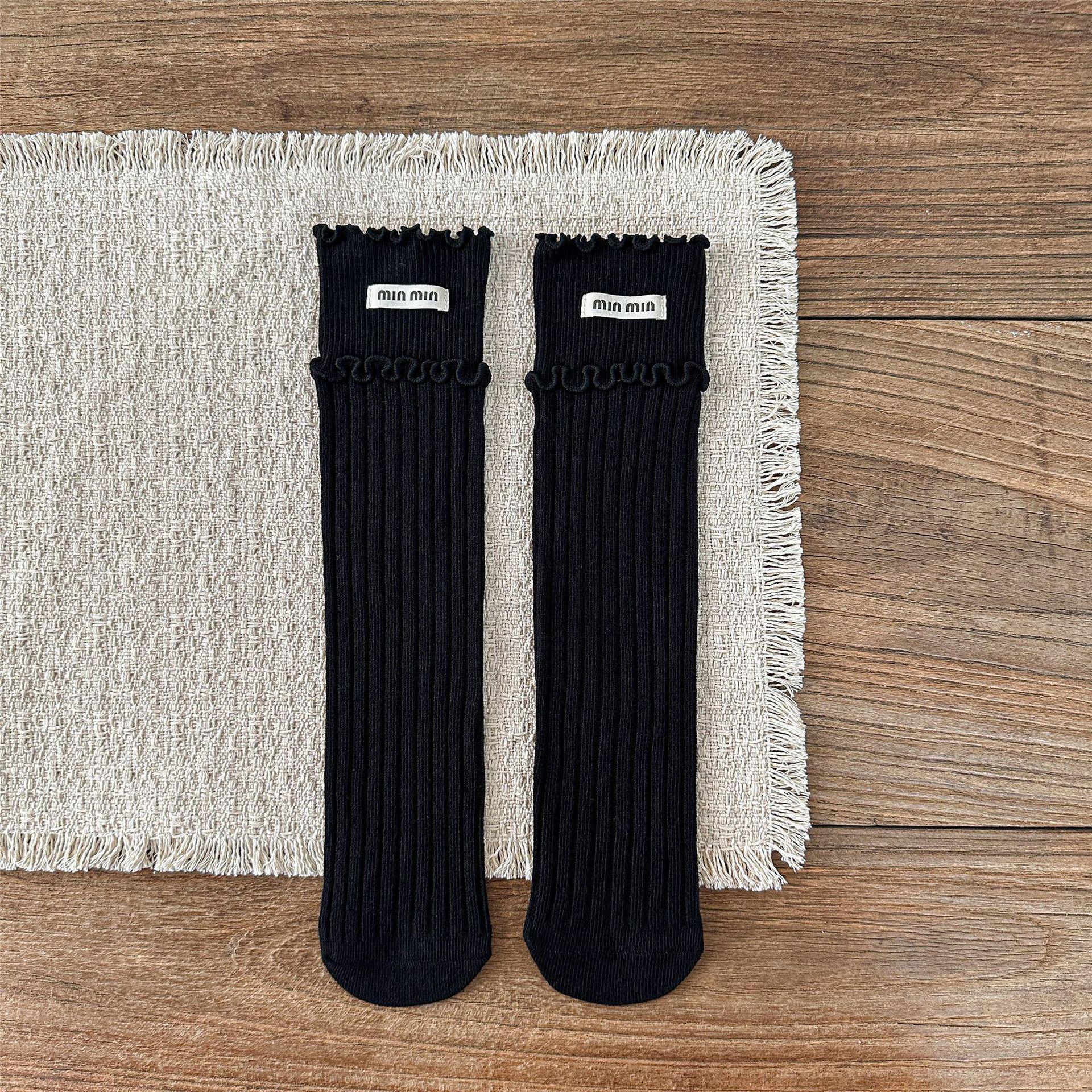 

Korean Style Girls Cotton Knee-High Socks with Double Ruffle Edge - Perfect for Autumn and Winter. One Size чёрный