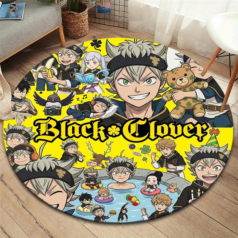 Black Clover Round Area Rug Carpet Rug For Living Room Bedroom Sofa Playroom Decor Nonslip Floor Mat