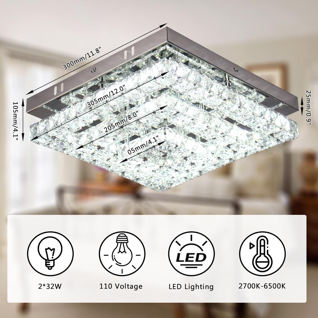 Dimmable LED K9 Crystal Ceiling Light 3 Tiers Square Surface Mounted Ceiling Lamp with Remote Control for Hotel Home Decor