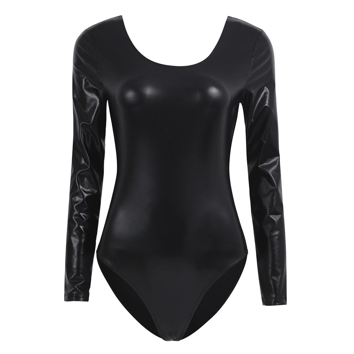 

Women Shiny Patent Leather Long Sleeves One Piece Thong Monokini Bodycon Leotard Dancewear Costume S чорний