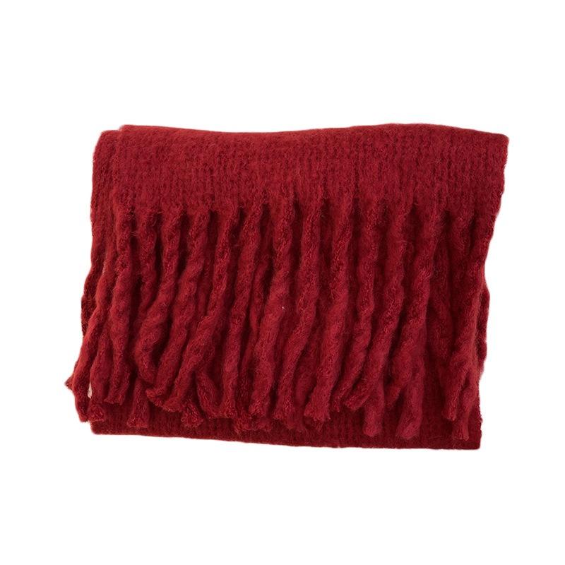 New Christmas red scarf female winter couple thickened imitation cashmere solid color knitted fringed scarf male trend