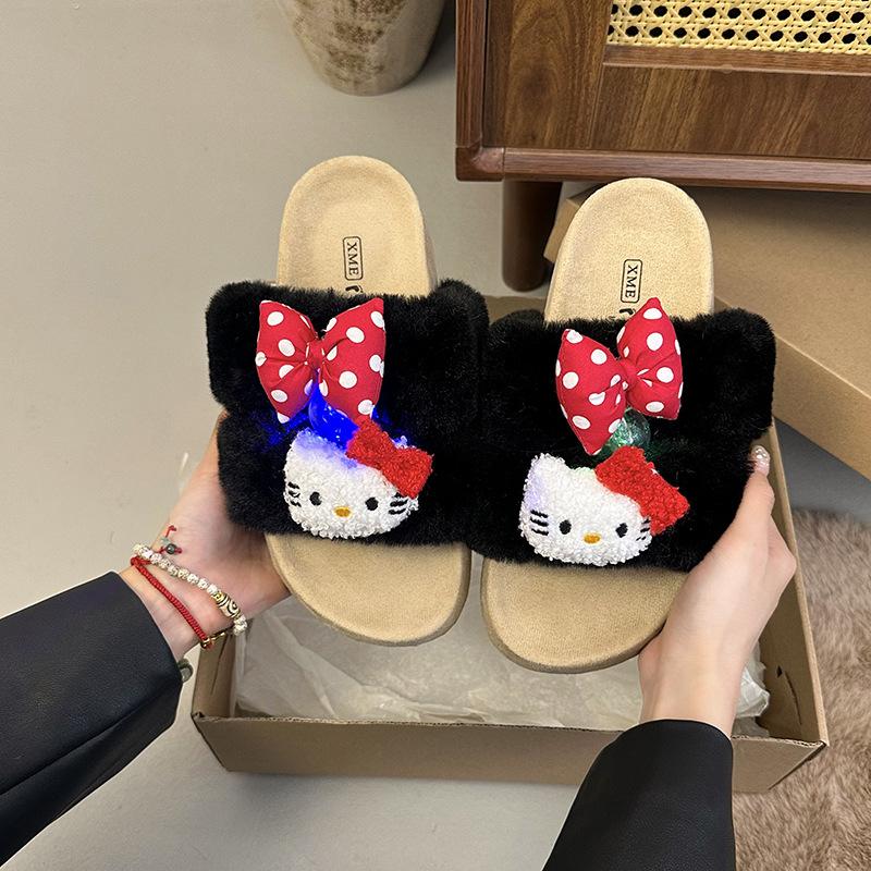

Retro cartoon Hello Kitty fluffy slippers women s outerwear 2025 autumn new bow versatile Birkenstock one-word drag 35 чёрный