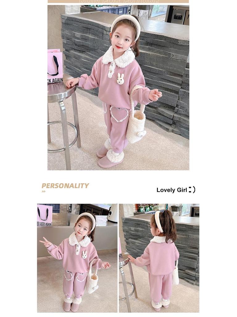 2025 New Style Baby Girls' Fleece-Lined Cartoon Outfit - Thickened Autumn/Winter Fashion