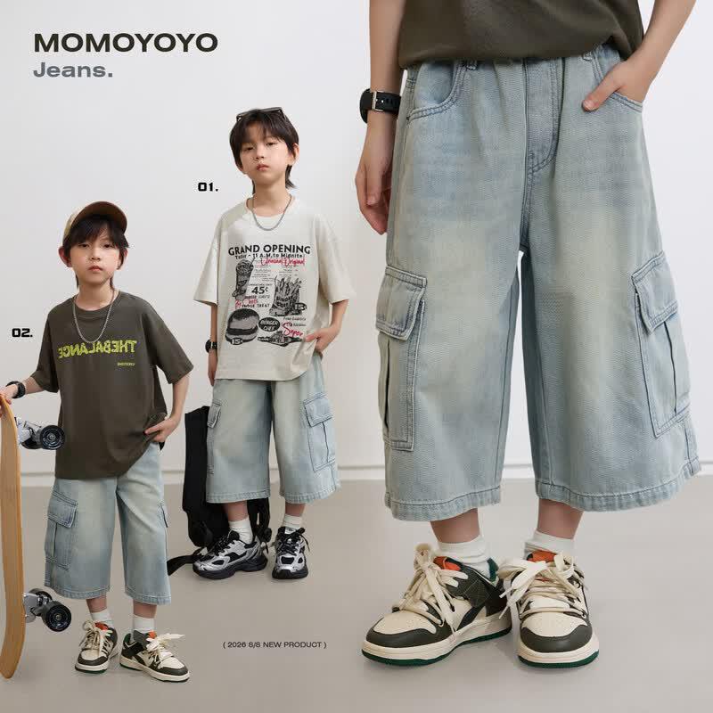 Kids  Cargo Denim Cropped Pants 160