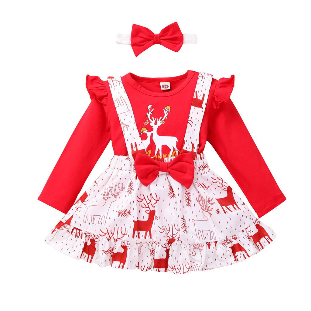 Newborn Long Sleeve Deer Tops+Bowknot Suspender Skirt+Headband Set