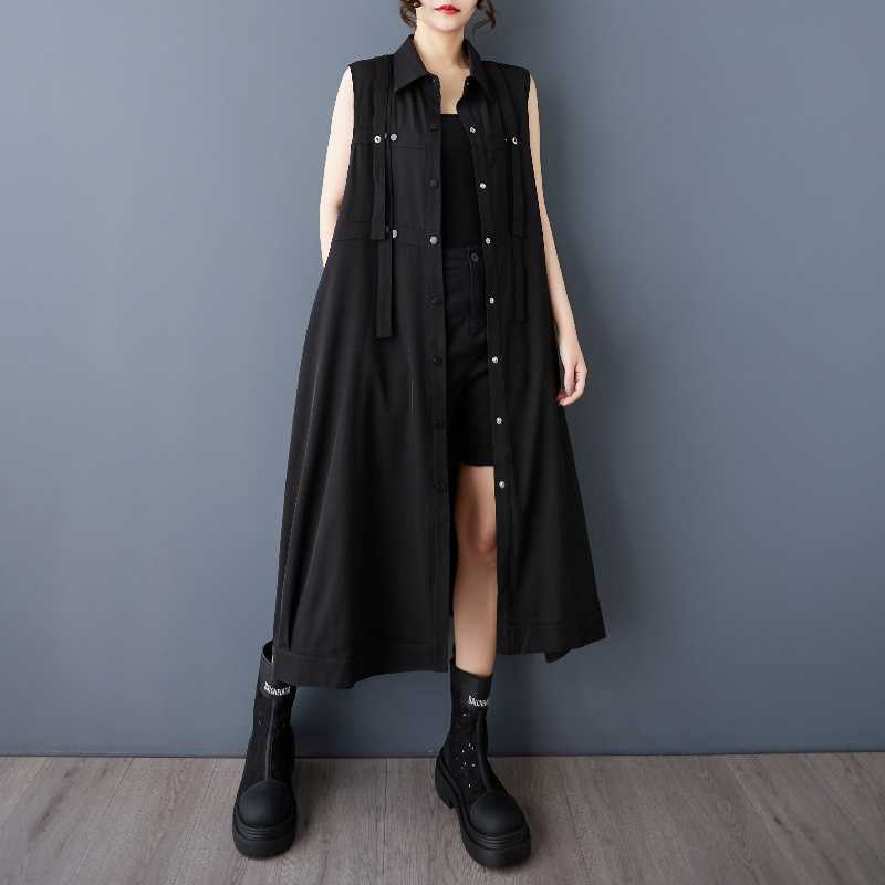 

Весенне-летнее платье-рубашка с жилетом, модное миди, тонкое пальто, длинная юбка One size чёрный