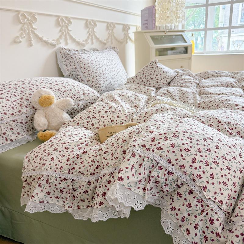Korean-Style Small Floral Cotton Bed, Princess Style Lace Quilt Cover, Skin-Friendly And Comfortable Pure Cotton Student