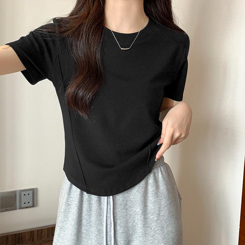 Round Neck Short Sleeves Straight Shoulder Slimming Fish Bone Shirt New Summer Irregular Base T-shirt Women's Top