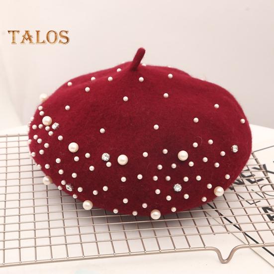 Women Beret Faux Pearl Rhinestone Decor Vintage English Style Woolen Hat No Brim Solid Color Adjustable Straps Pumpkin Cap