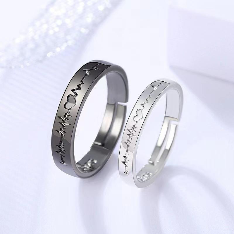 

Korean Minimalist Adjustable Heartbeat Couple Rings - Black & White Adjustable Open