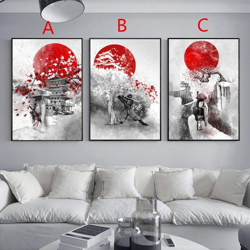 Japanese Ninja and Monk Mural Black Red Wall Art Canvas Painting Vintage Wall Art Pictures for Living Room Bedroom Home Decor No Frame