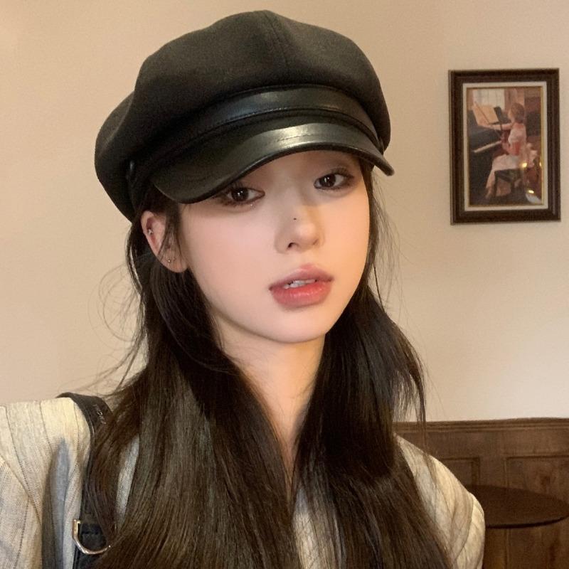 Autumn and winter octagonal hat woolen female painter duck tongue versatile face small tide high-end hat