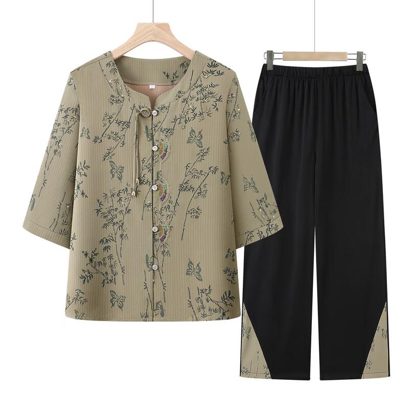 Elderly Women's Chinese Style Seven-Sleeve Top & Pants Set